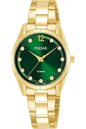 Pulsar Kvinna Klockor - Dam analog kvartsklocka med rostfritt stål armband, Guldgrön, Kvarts
