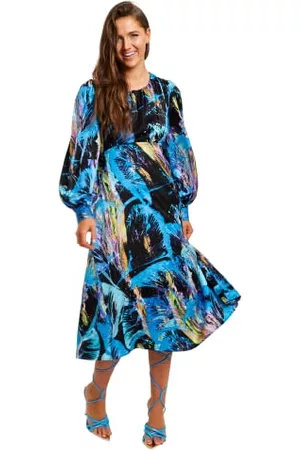 Liquorish Flerfärgad midiklänning med abstrakt tryck med långa ärmar och knytmidja, flerfärgad, 38 SE