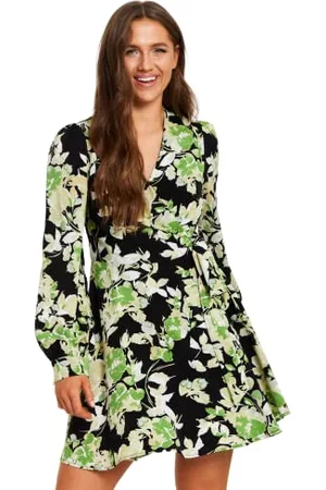 Liquorish Grönt blommigt tryck mini omlottklänning med långa ärmar i svart, flerfärgad, 44 SE