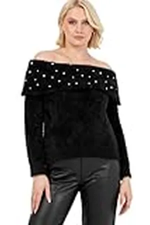 Lovedrobe Damjumper klänning dam överdimensionerad långärmad tröja off-shoulder bardot långärmad pärla embellished stickad klänning, 36-38, , 36/38 SE