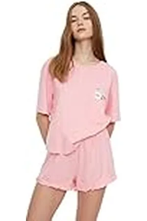 Trendyol Dam enkel volang detaljerad mellanstickad T-shirt-kort pyjamasset, , XL