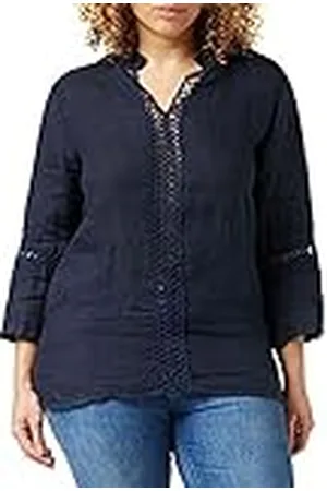 Bonateks Tunisisk krage tunika med toppinsats och 3/4 ärmar, 100% linne, storlek: 40, amerikansk storlek: XL, toppar, marin – tillverkad i Italien, , 40