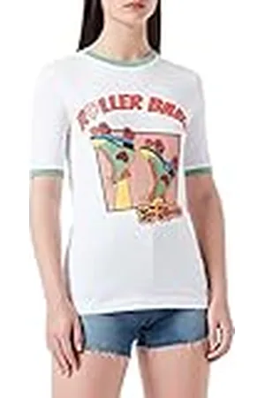 Moschino Bomullströja för kvinnor med färgkontrast ribbor och rullblad tryck t-shirt, , 42