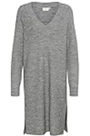 Kaffe Dam stickad klänning V-hals avslappnad passform lång ärm knut längd ribbad stickad, , XL