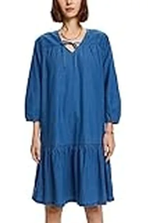ESPRIT Chambray-klänning med volang- och banddetaljer, , 40