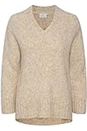 Kaffe Dam tröja stickad jumper 3/4 ärm V-ringning, sanddollar melange, XS