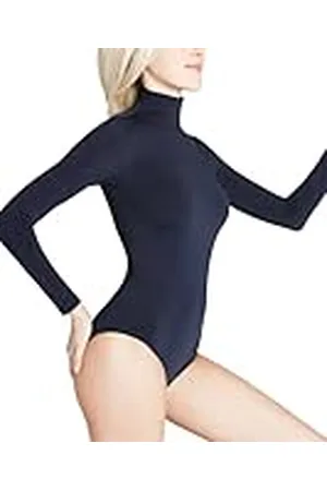 Falke Dam body rik bomull svart vit många fler färger dam body elegant långärmad utan mönster sömlös med ståkrage 1 st, Blå (Marine 6179), M