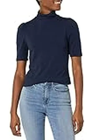 Amazon Dam bomull modal draperad puff ärm polotröja, marinblå, X-Large