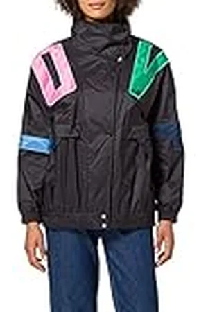 Moschino Flickas nylon lös passform nätfodrad jacka_maxi flerfärgade satinlogotyplappar appliceras på framsidan
