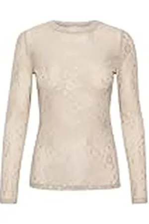 Kaffe Dam T-shirt långärmad smal passform spets tyg Crew Neck Sheer, , XS