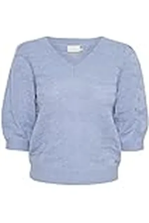 Kaffe Dam stickad pullover shorts V-hals ballong ärmar tröja, kosmirblå, XS