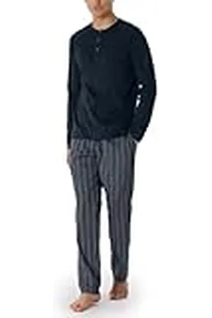 Schiesser Lång pyjamas för män med vävda byxor och mercericiserad bomull och knapplist premium pyjamas-set, nattblå, 48, , 48