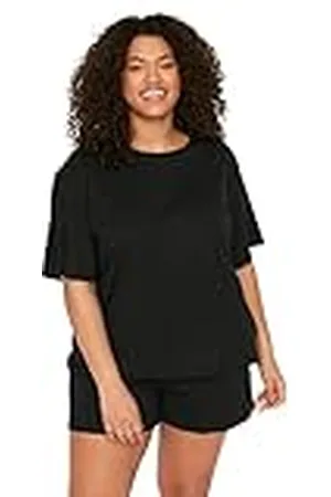 Trendyol Dam vanlig stickad T-shirt-shorts plus storlek pyjamas set pyjamas dam, , 3XL