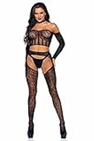 Leg Avenue Unisex 89278-00122 3 st långärmad grimma choker magtröja, spets hängslen slang och G-string, O/S, svart vuxna storlekar kostymer, multi, en, mång, one size
