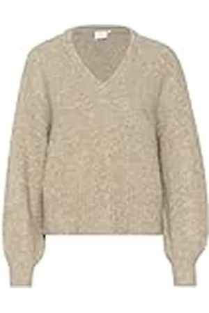 Kaffe Dam pullover V-hals ledig passform långa ärmar fuzzy ribbad stickad höftlängd, , M