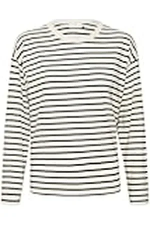 Kaffe Dam T-shirt med lång ärm Boxy Fit Crew Neck randig T-shirt bomull tröja, , M