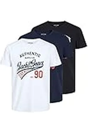 JACK & JONES T-shirt för män 3-pack logotyp rund hals t-shirt, Svart/förpackning: svart + vit + marinblå blazer, L