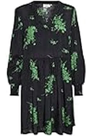 Kaffe Dam klänning långärmad V-hals Below The Knee Casual, svart/grön 2-tonad blomma, 38