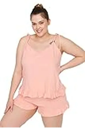 Trendyol Women Plain Knit Camisole-Shorts Plus Size Pajamas Pyjamaset för kvinnor, , 4XL