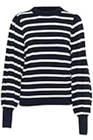 Kaffe Kvinnors pullover lätt stickad randig besättning hals vanlig passform långa ärmar, , S
