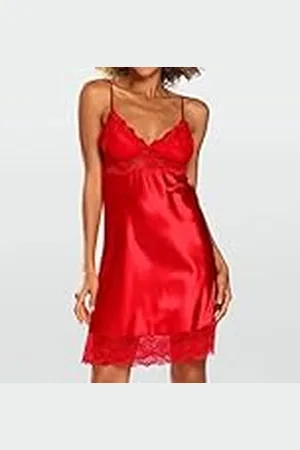 DKaren Satin nattlinne dam Alubi L – negligé dam kort – nattlinne dam med spetsurringning – sovklänning med tunna remmar – dam satin nattlinne , , L