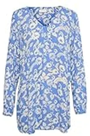 Kaffe Dam tunic långärmad V-ringad avslappnad passform tryckt under höftlängd dam, , 32