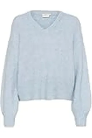 Kaffe Dam pullover V-hals ledig passform långa ärmar fuzzy ribbad stickad höftlängd, , L
