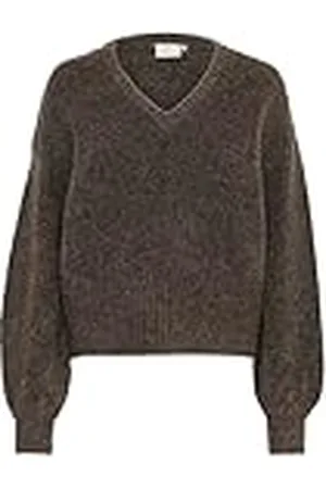 Kaffe Dam pullover V-hals ledig passform långa ärmar fuzzy ribbad stickad höftlängd, , L