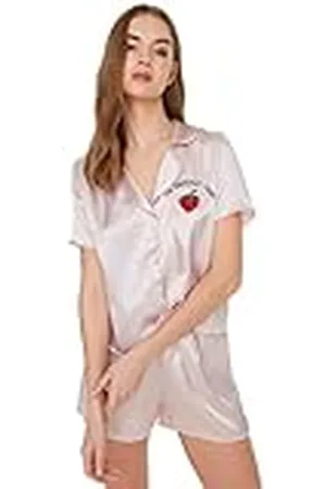 Trendyol Kvinnor med slogan knapp detaljerad tunn vävd tröja - shorts pyjamas set, , 60