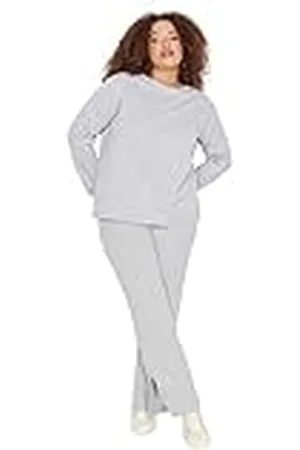 Trendyol Dam enfärgad stickad t-shirt byxor plus size pyjamasset, , 3XL, , 3XL