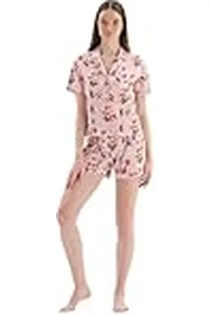 Dagi Light Pink Fashion Stickad normal midja överlägset kort ben kortärmad skjorta krage skjorta & shorts, , XL, , XL
