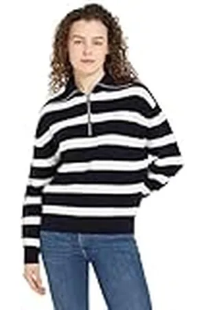 Tommy Hilfiger Dam CO Cardi Stitch 1/2 dragkedja tröja WW0WW42141 halv dragkedja tröja, ökenhimmel/elfenben kronblad rand, M, , M