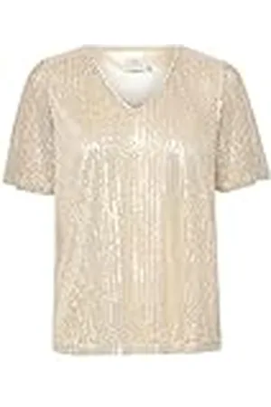 Kaffe Kvinnors paljett T-shirt V-hals vanlig passform shorts ärmar höftlängd, , XL
