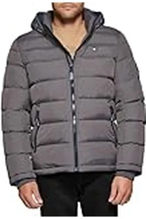 Tommy Hilfiger Hooded Puffer Jacket herr Down Alternative Outerwear Coat Hooded Puffer Jacket, Träkol, XXL