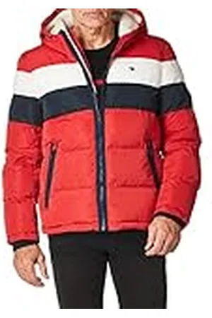 Tommy Hilfiger Hooded Puffer Jacket herr Down Alternative Outerwear Coat Hooded Puffer Jacket, RÃd/is/marinblå poly teknik, M