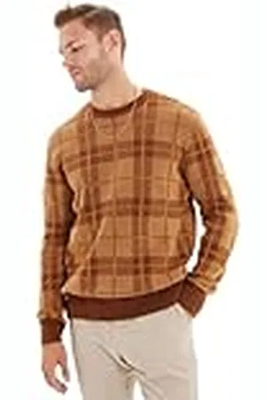 Trendyol Herr rund hals rutig smal tröja sweatshirt, kamel, S, , S