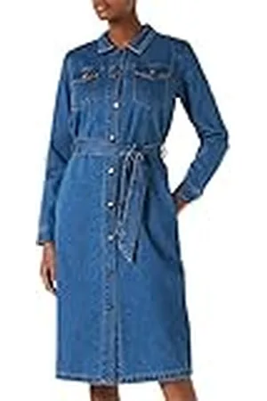 Kaffe Dam klänning Midi lång tunic knappad slips lina avslappnad, denim blå, 34
