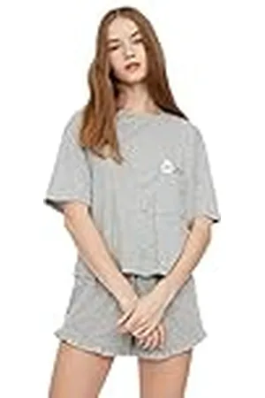 Trendyol Kvinnor enkel volang detaljerad mellanstickad T-shirt-kort pyjamasset, , S