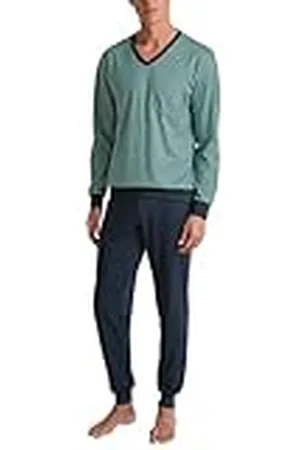 Calida Relax Imprint herrpyjamas, av 100% bomull, byxor med tygtäckt elastisk linning, Stengrön, 56