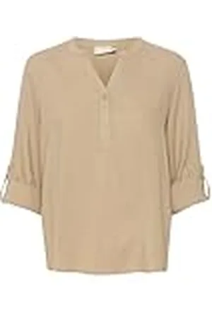 Kaffe Dam blus långärmad V-notch henley hals vanlig passform höftlängd dam, , 38