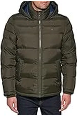 Tommy Hilfiger Herr klassisk pufferjacka med huva (standard och stor och lång) dun alternativ ytterkläder rock, Oliv, L tall