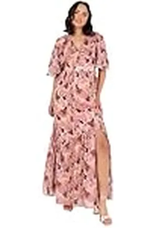Lovedrobe Dam maxi klänning dam cape ärm v-ringad ruffle rosett slips bälte asymmetrisk söm blommig a-linje bröllop gäst tillfälle, rosa puder 42, , 40