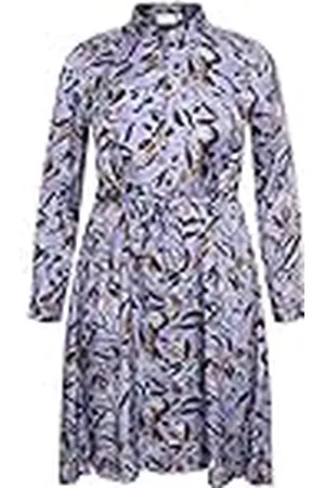 Kaffe Dam Plus storlek tunic klänning satin långa ärmar slips midja avslappnad, blå målade löv, 50