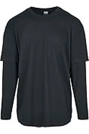 Urban classics Långärmad T-shirt för män, oversizeed double layer långärmad, basic te, finns i storlek S till 5XL, SVART/SVART, M