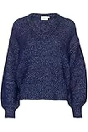Kaffe Dam pullover V-hals ledig passform långa ärmar fuzzy ribbad stickad höftlängd, , L