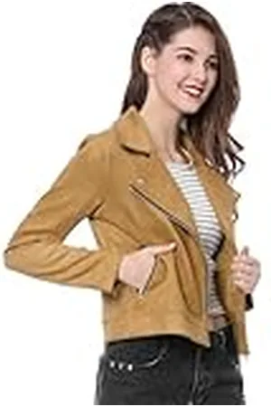 Allegra K Kort Mjuk Zip Up Fuskmocka Biker Moto Jacka för kvinnor