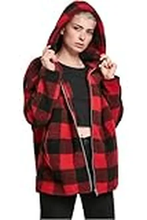 Urban classics Överdimensionerad rutig sherpa-jacka med huva för kvinnor, Flerfärgad (eld röd/svart 01440), 5XL stor