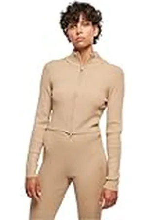 Urban classics Dam dam skuren ribbstickad kofta tröja med dragkedja, unionsbeige, XL, , XL