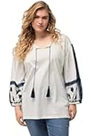 Ulla Popken Damer stora storlekar överdimensionerade blus i plusstorlek, broderi, tunika urringning, långärmad, , 58-60