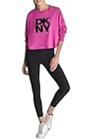 DKNY Dam långärmad staplad flockad logotyp rund hals hängande axel t-shirt, , M
